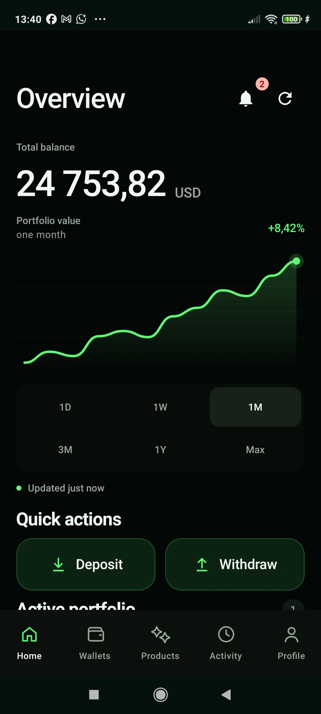 Écran « Aperçu » de l'application Assetara affichant le solde total et un graphique de performance du portefeuille